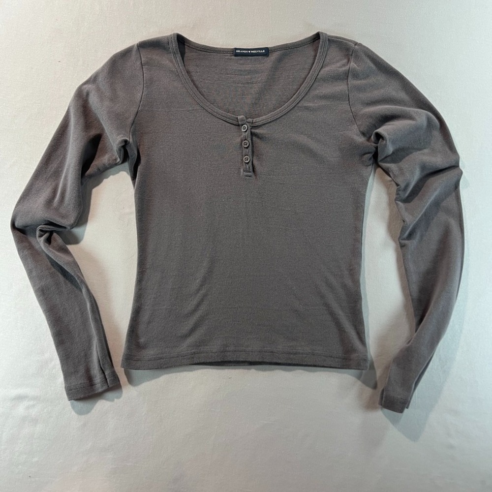 Brandy Melville Gray Henley Long Sleeve Top Button Front Ribbed One Size